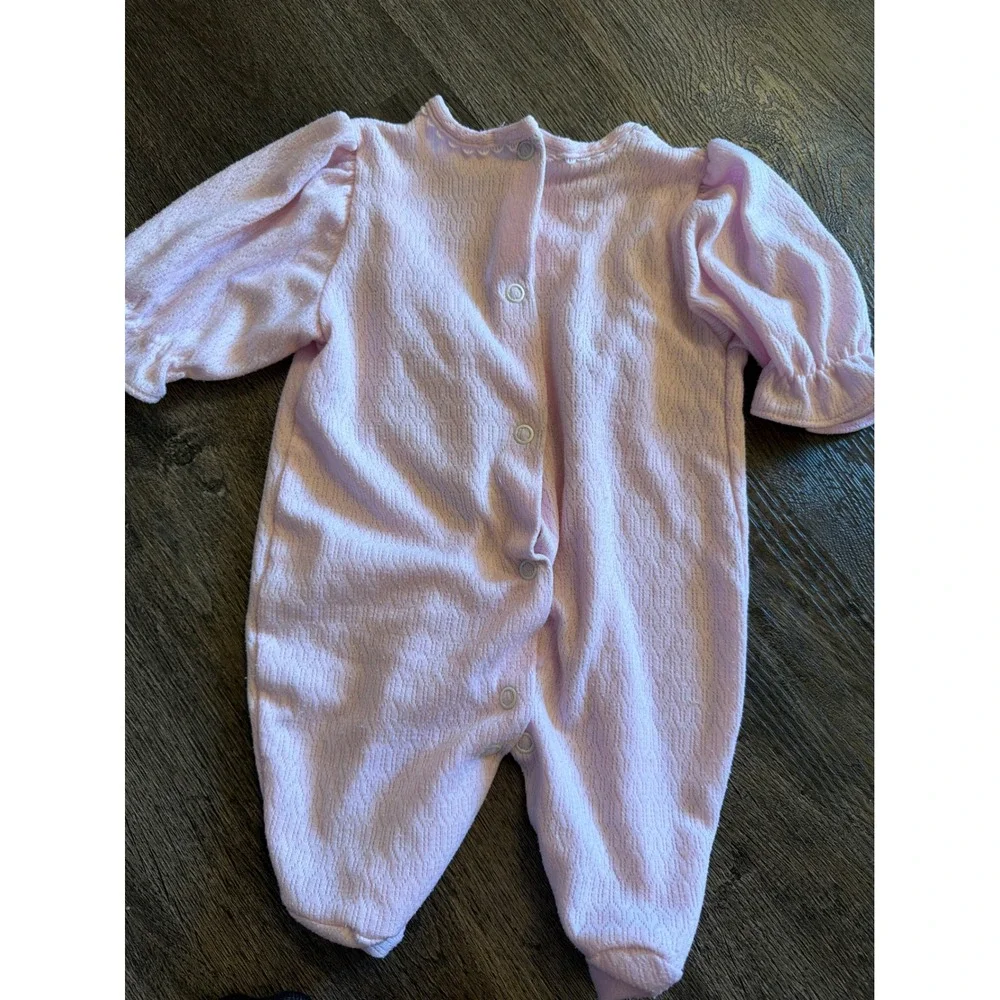 Vintage Pink Pointelle Baby Footed Sleeper Embroidered Cottage Lace Trim Pink 3m